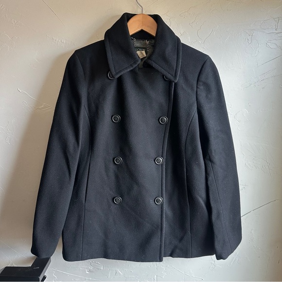 J.Crew Black Wool Blend Peacoat Jacket Classic Tailored Minimal Chic Prep Sz L - Picture 1 of 14